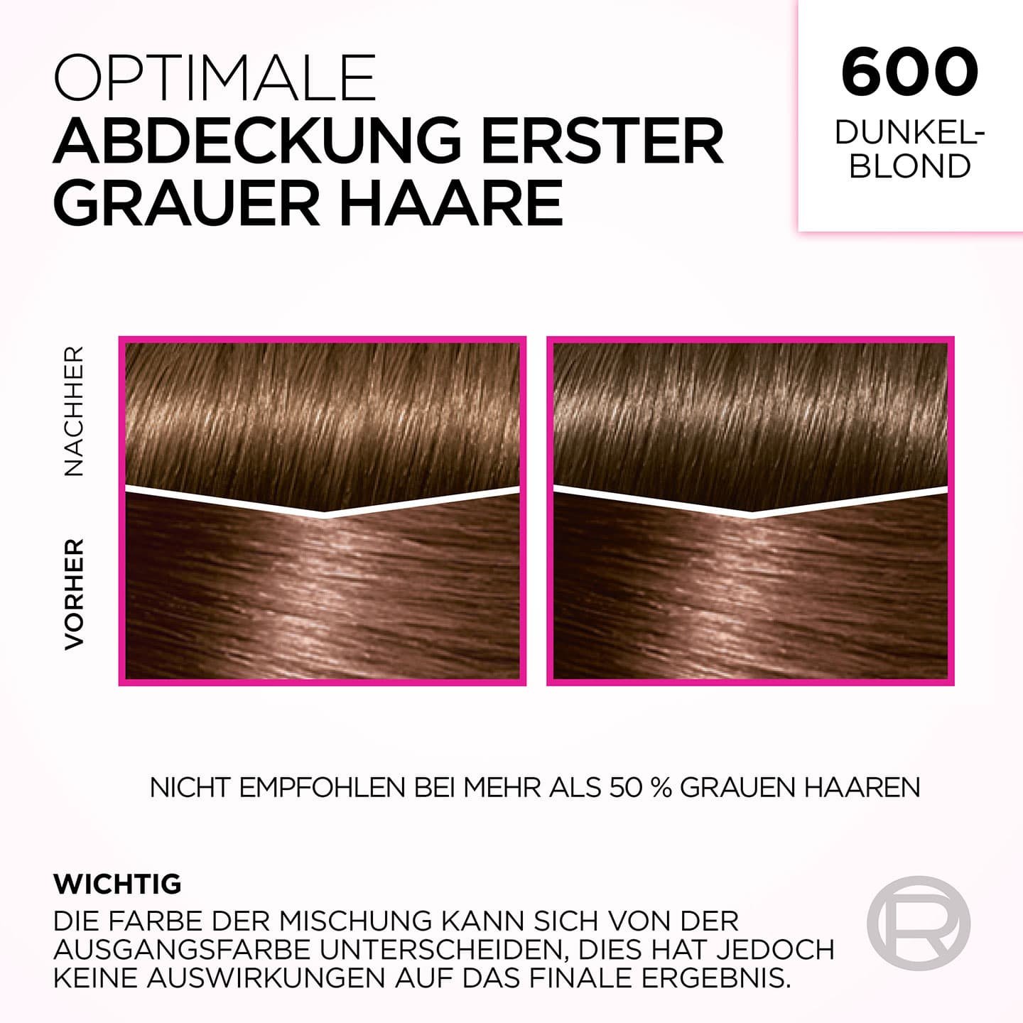Text: Optimale Abdeckung erster grauer Haare 600 Dunkelblond - mit 2 Anwendungsbeispielen
